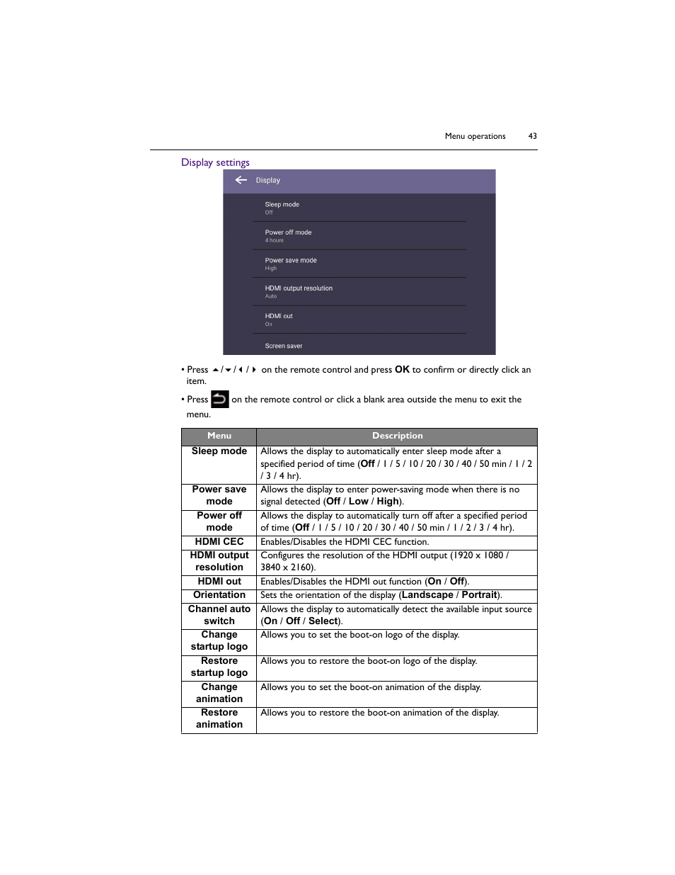 Display settings | BenQ IL5501 55" SmInteractive Signage Display User Manual | Page 43 / 74