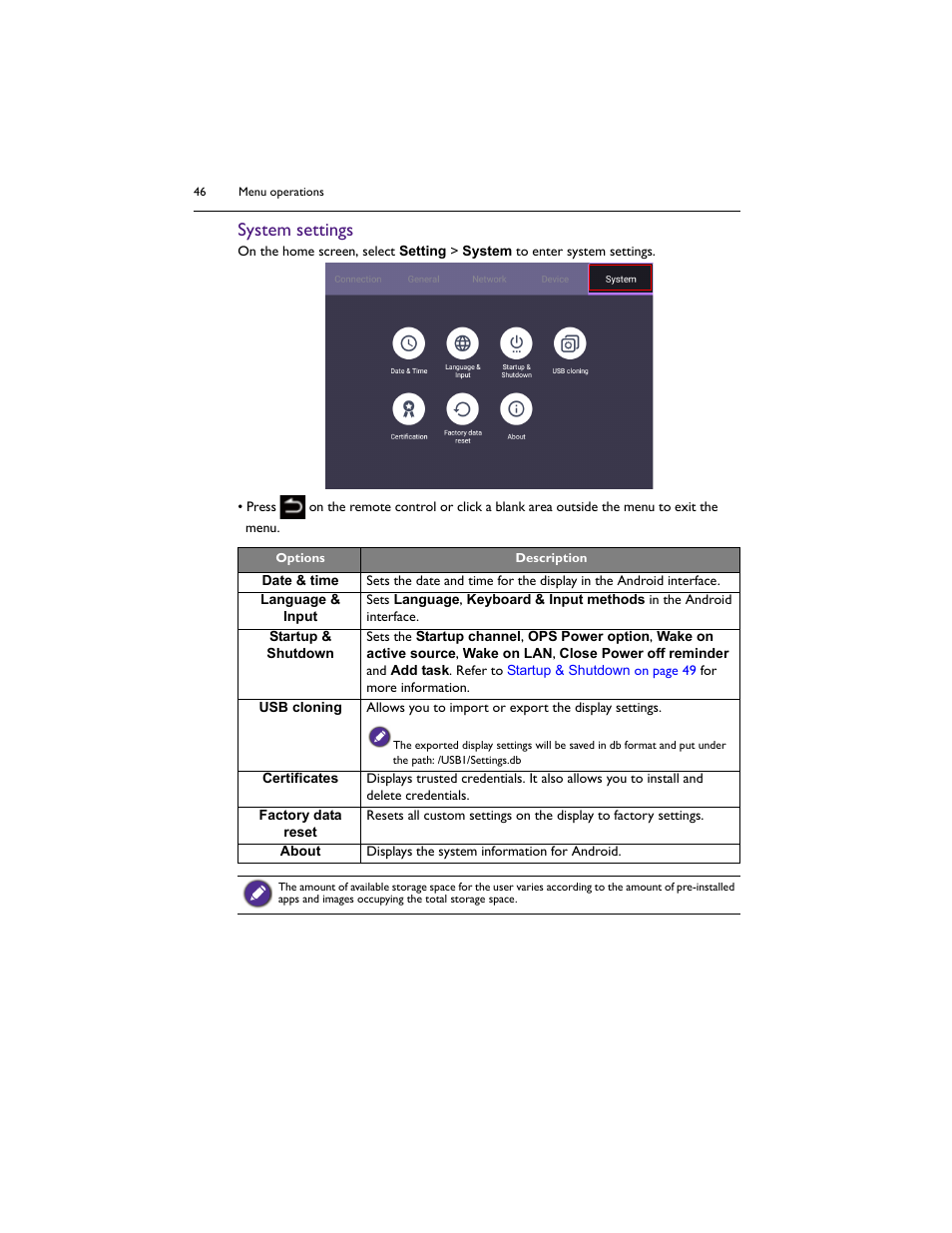 System settings | BenQ IL5501 55" SmInteractive Signage Display User Manual | Page 46 / 74