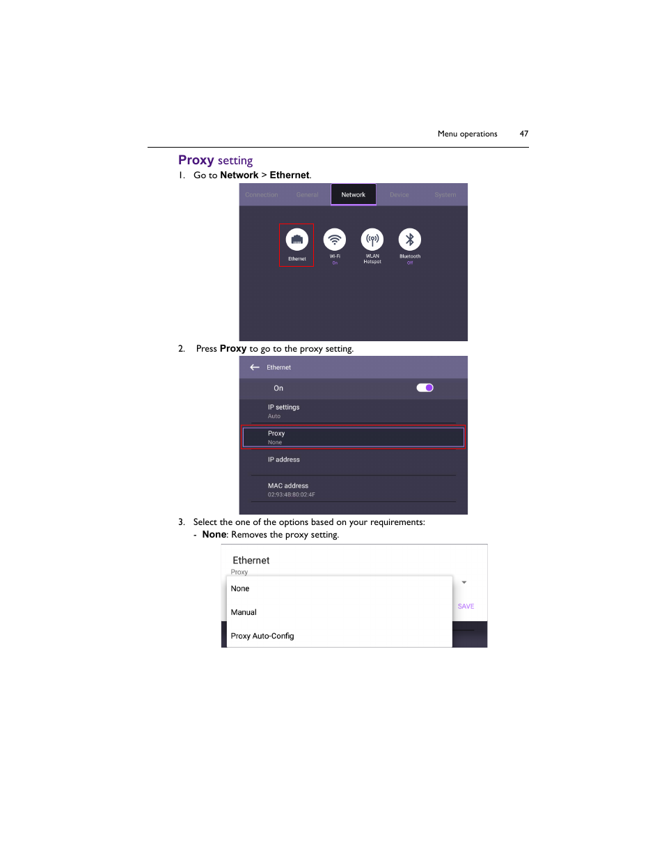 Proxy setting | BenQ IL5501 55" SmInteractive Signage Display User Manual | Page 47 / 74