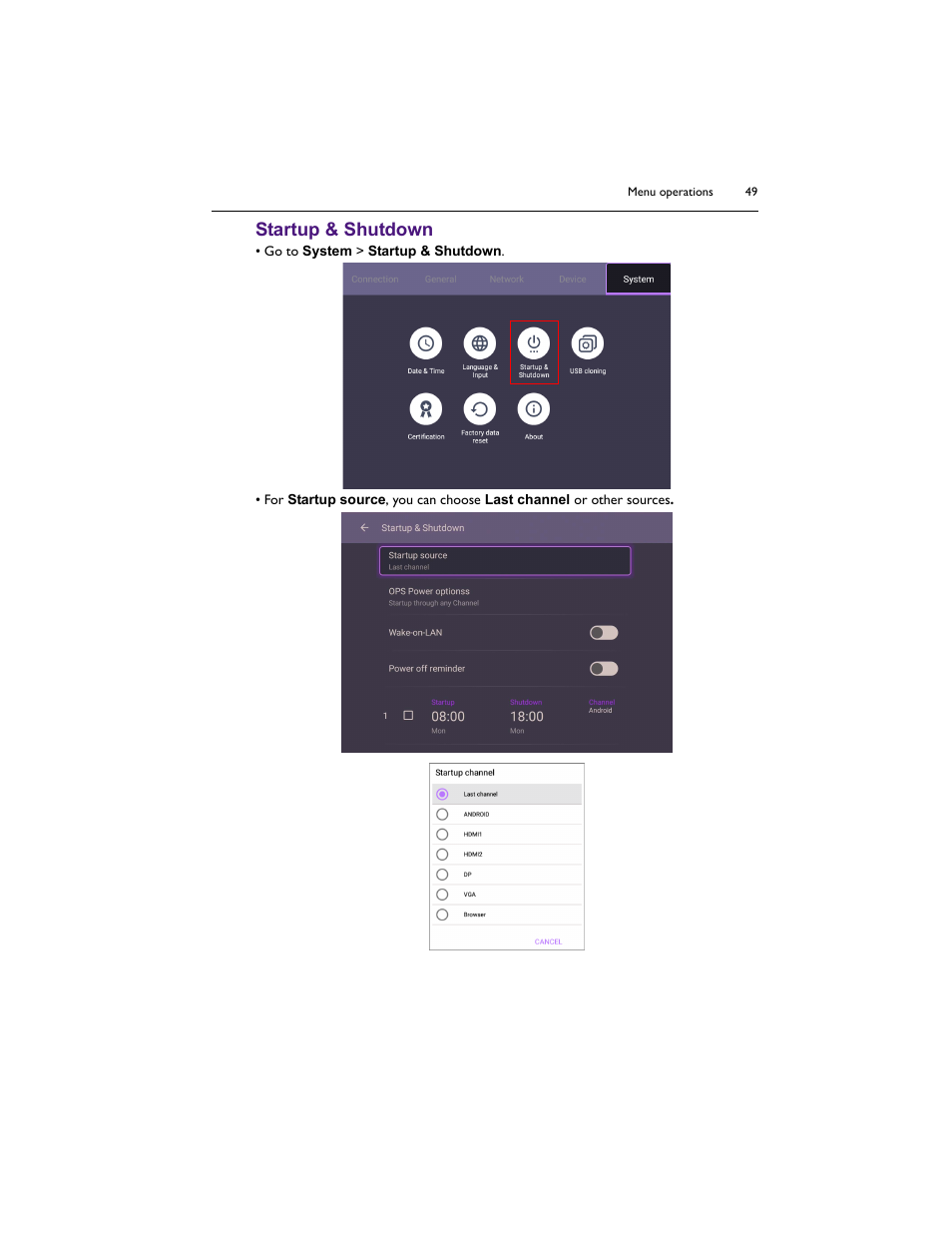 Startup & shutdown | BenQ IL5501 55" SmInteractive Signage Display User Manual | Page 49 / 74