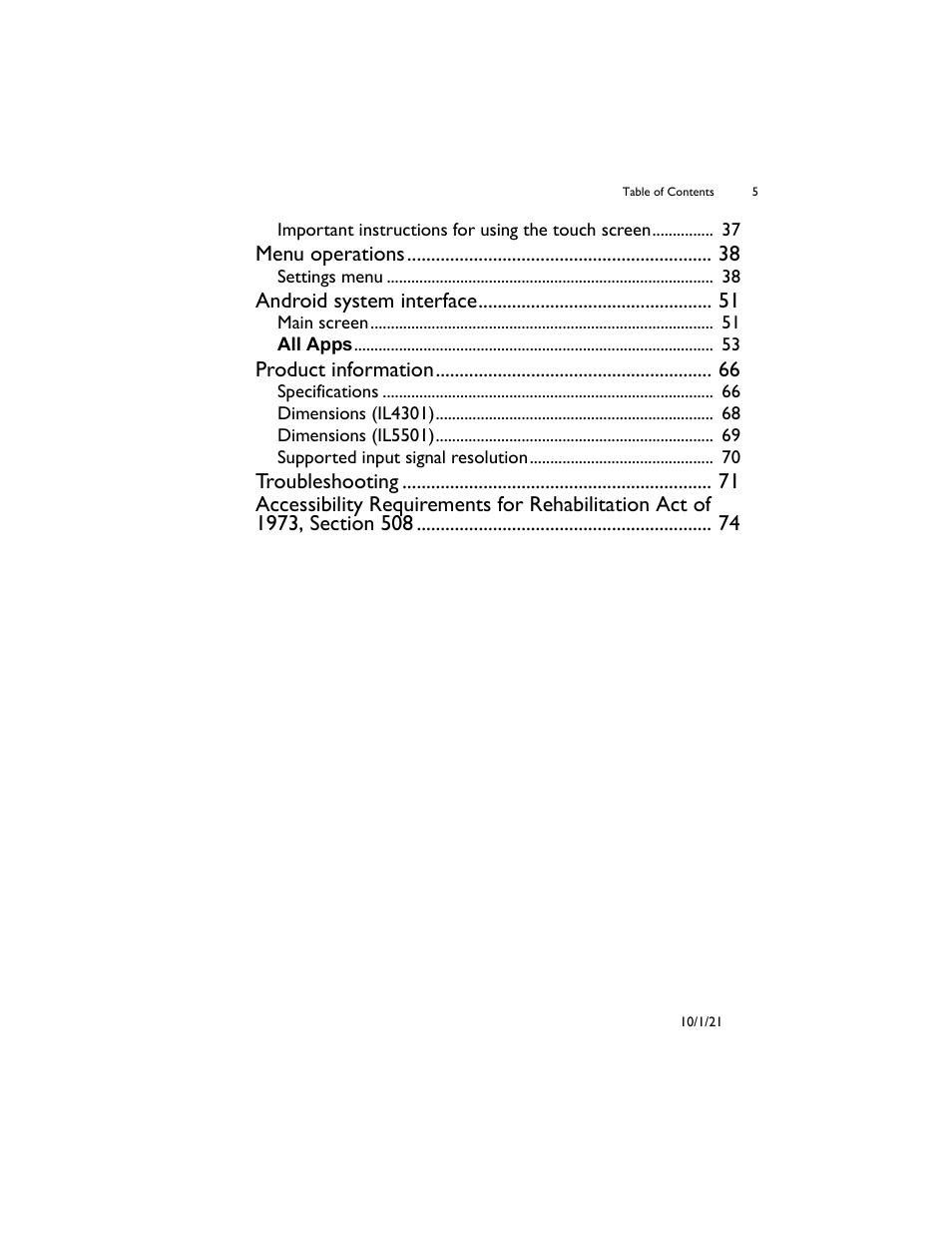 Menu operations, Android system interface, Product information | BenQ IL5501 55" SmInteractive Signage Display User Manual | Page 5 / 74