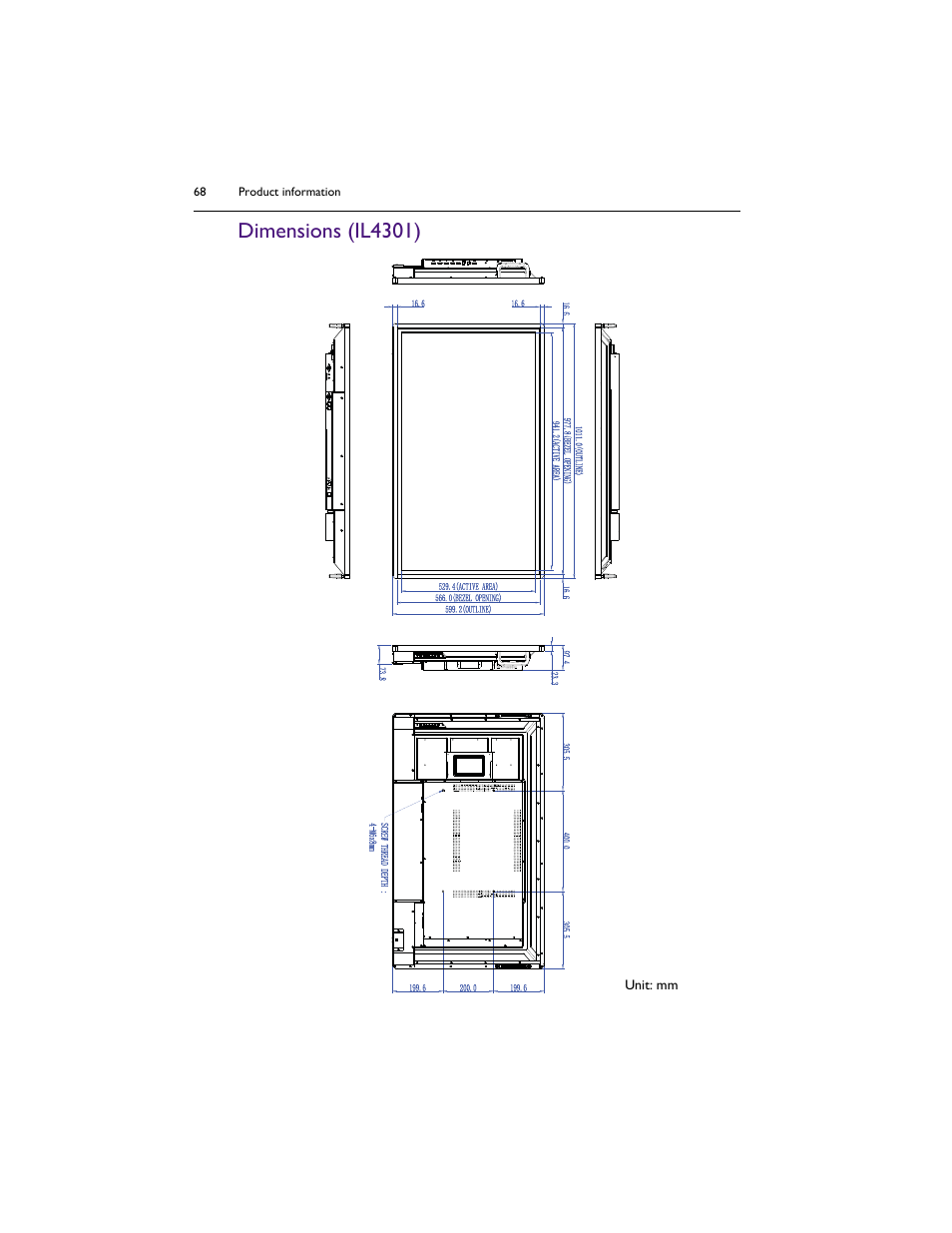 Dimensions (il4301) | BenQ IL5501 55" SmInteractive Signage Display User Manual | Page 68 / 74