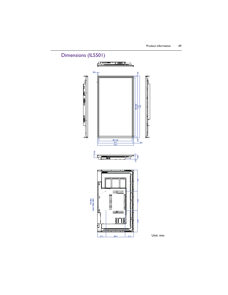 Dimensions (il5501) | BenQ IL5501 55" SmInteractive Signage Display User Manual | Page 69 / 74