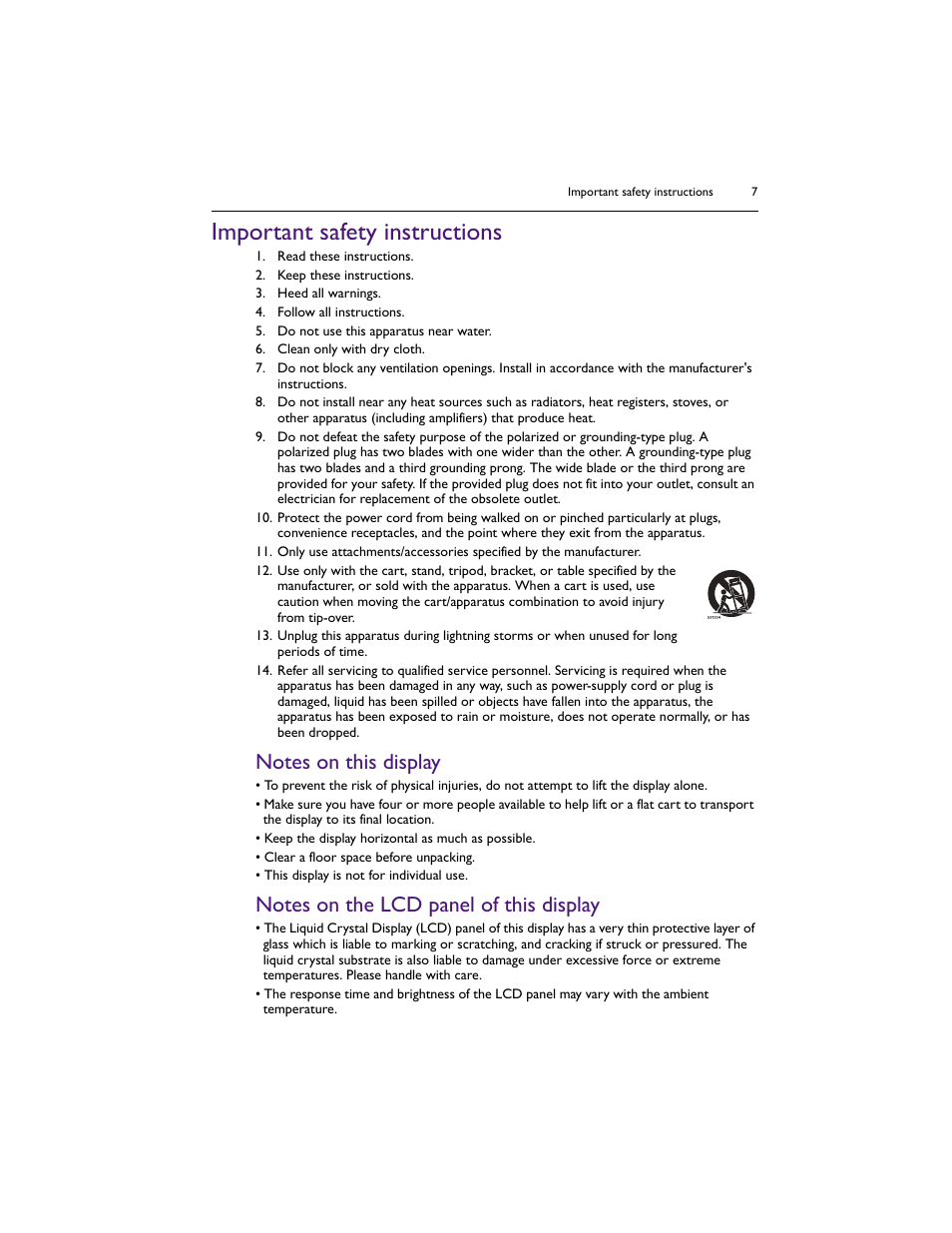 Important safety instructions, Notes on this display, Notes on the lcd panel of this display | BenQ IL5501 55" SmInteractive Signage Display User Manual | Page 7 / 74