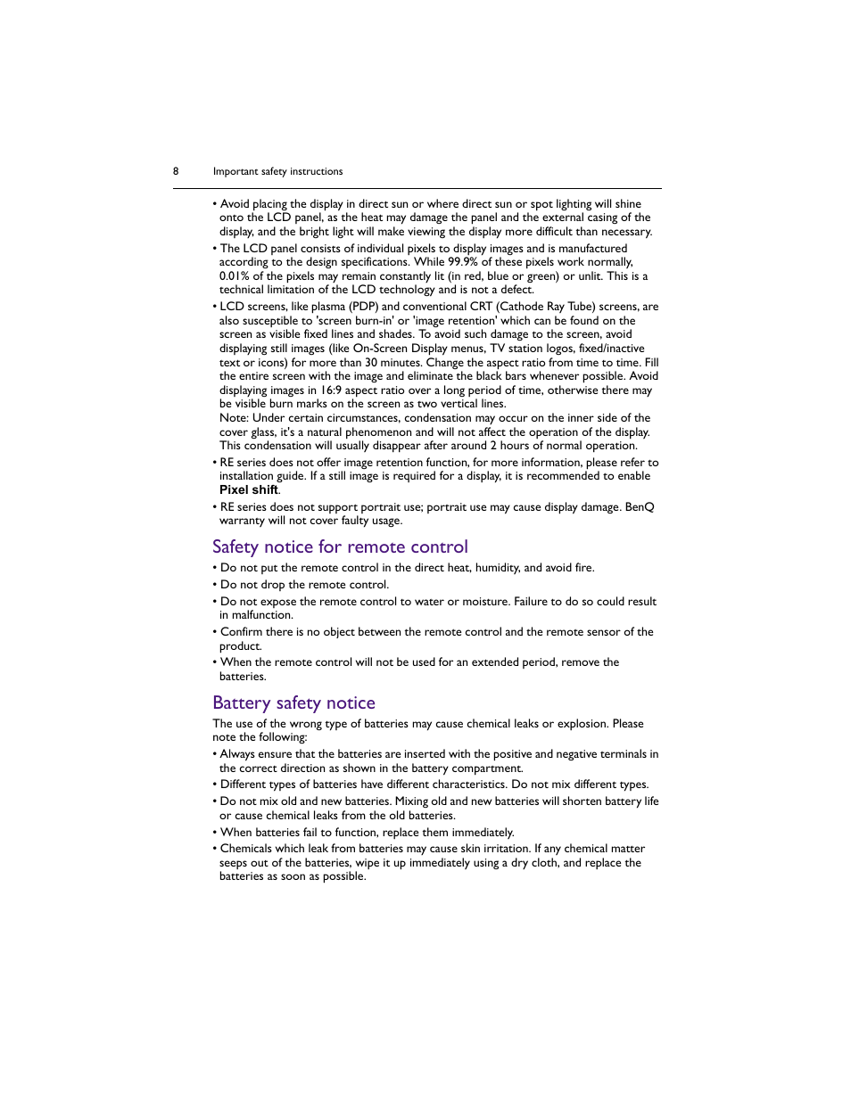 Safety notice for remote control, Battery safety notice | BenQ IL5501 55" SmInteractive Signage Display User Manual | Page 8 / 74