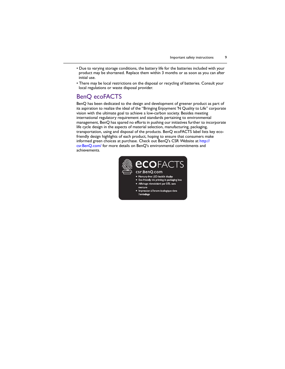 Benq ecofacts | BenQ IL5501 55" SmInteractive Signage Display User Manual | Page 9 / 74