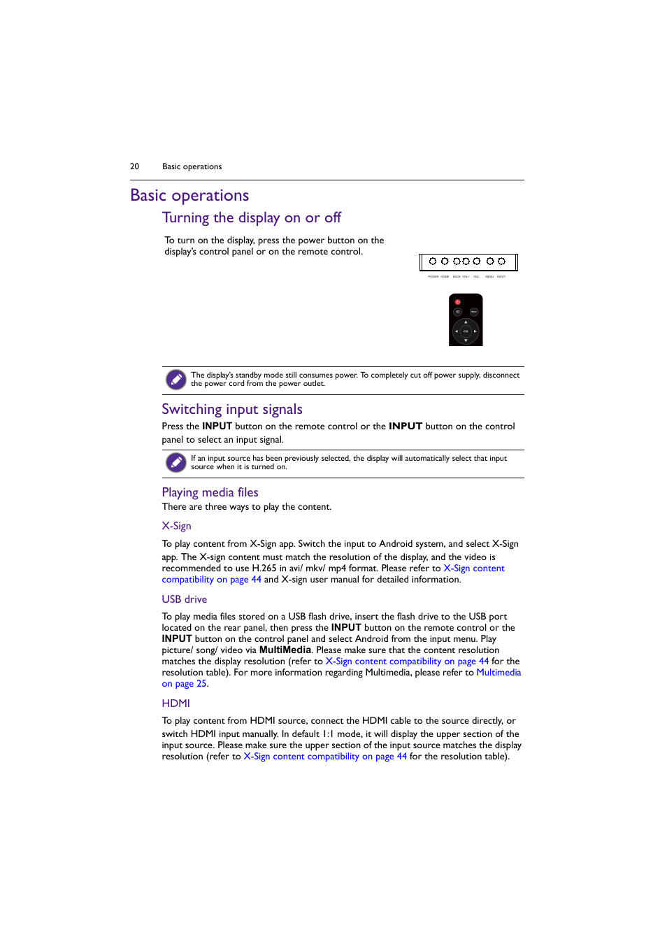 Basic operations, Turning the display on or off, Switching input signals | Playing media files | BenQ BH2801 28" Bar-Type Stretched Commercial Display User Manual | Page 20 / 58