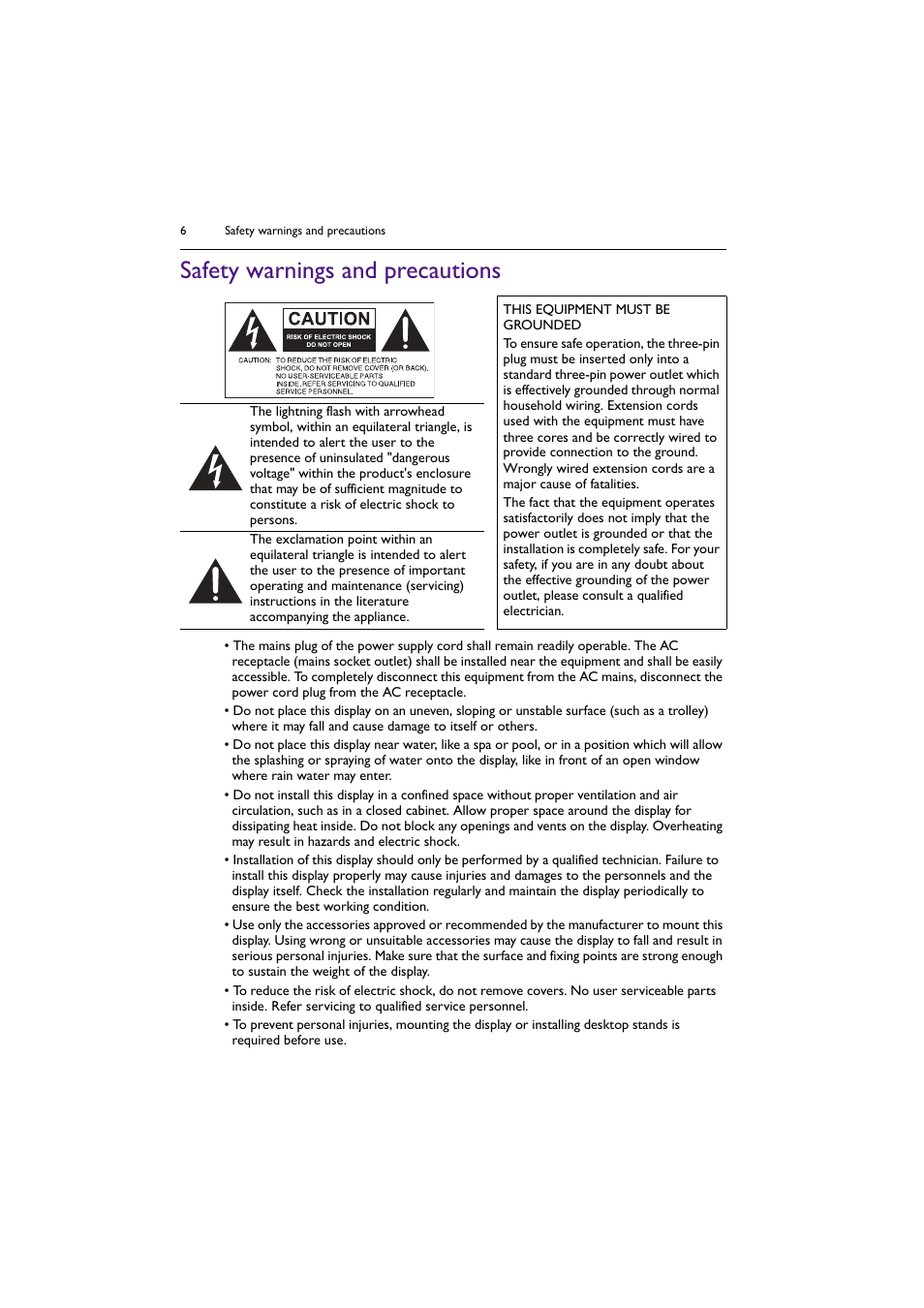 Safety warnings and precautions | BenQ BH2801 28" Bar-Type Stretched Commercial Display User Manual | Page 6 / 58