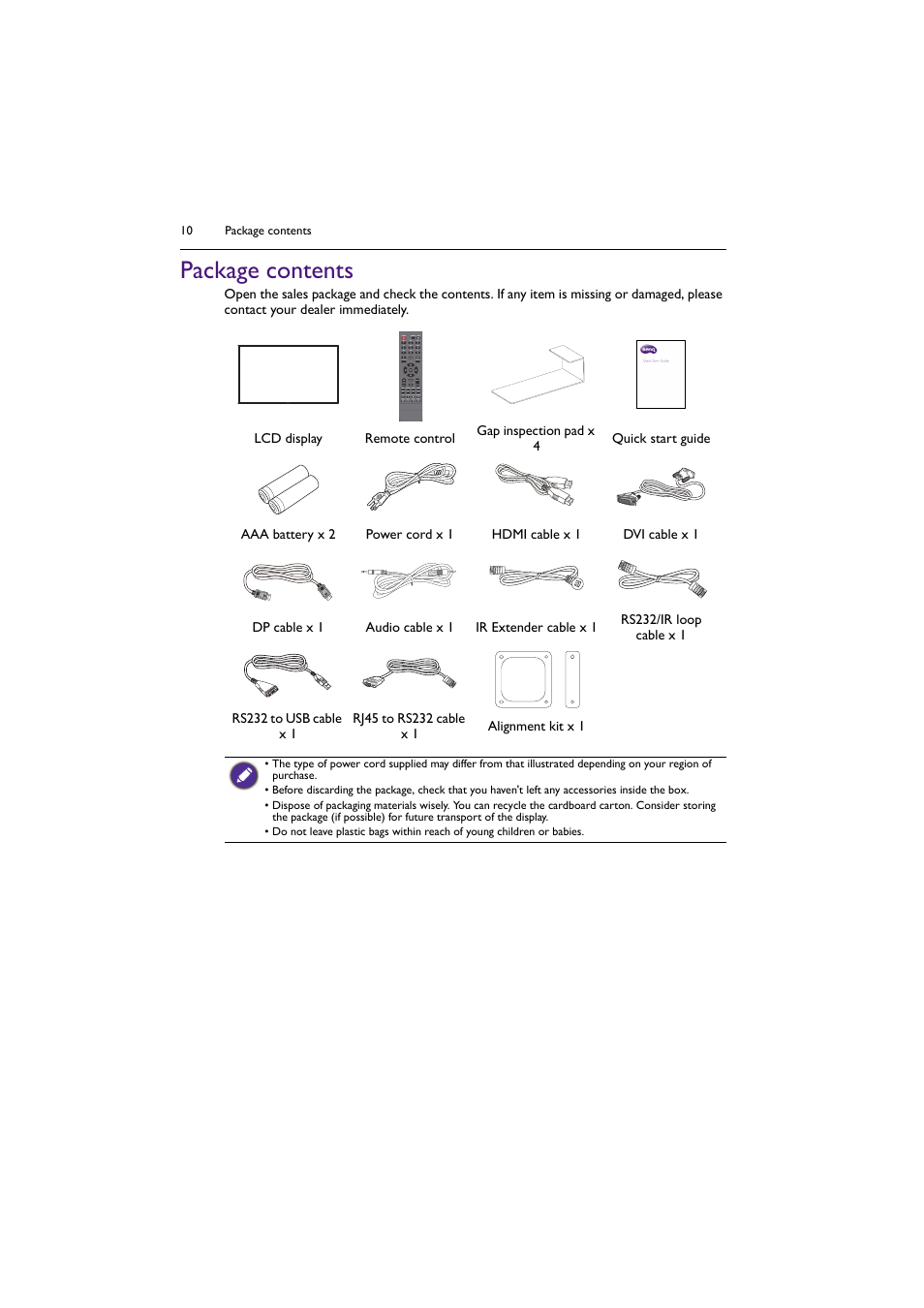 Package contents | BenQ PL5502 55" 4K Video Wall Display User Manual | Page 10 / 40