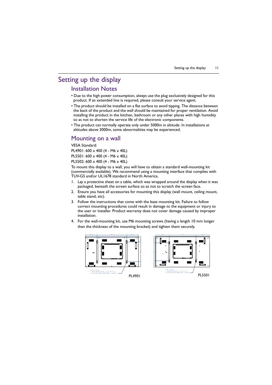 Setting up the display, Installation notes, Mounting on a wall | Installation notes mounting on a wall, Pl4901, Pl5501 | BenQ PL5502 55" 4K Video Wall Display User Manual | Page 11 / 40