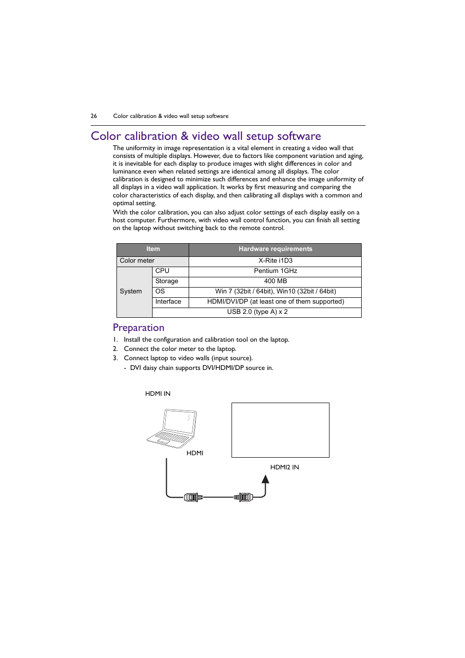 Color calibration & video wall setup software, Preparation | BenQ PL5502 55" 4K Video Wall Display User Manual | Page 26 / 40