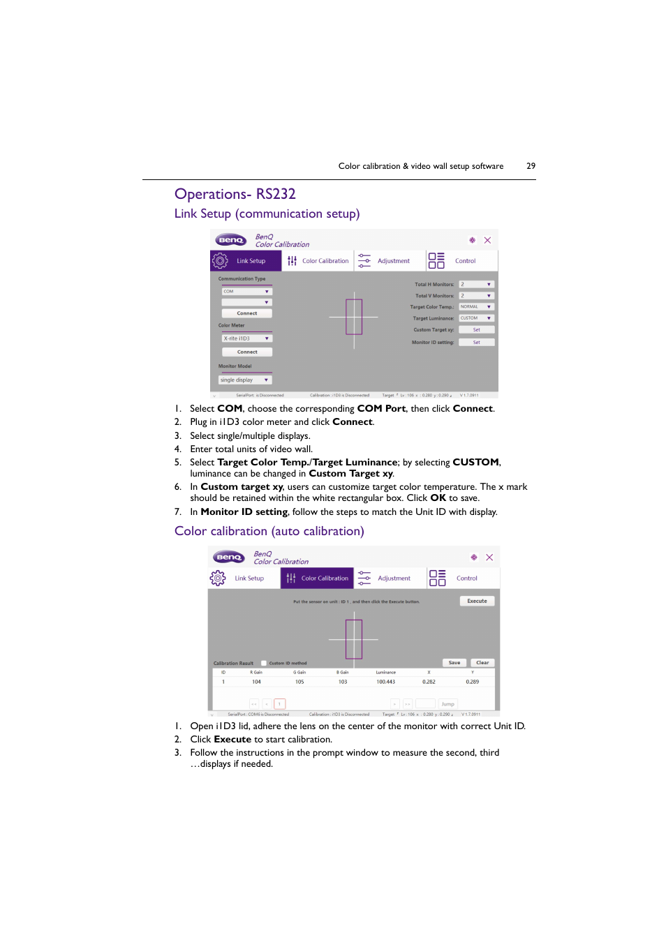 Operations- rs232, Link setup (communication setup), Color calibration (auto calibration) | BenQ PL5502 55" 4K Video Wall Display User Manual | Page 29 / 40