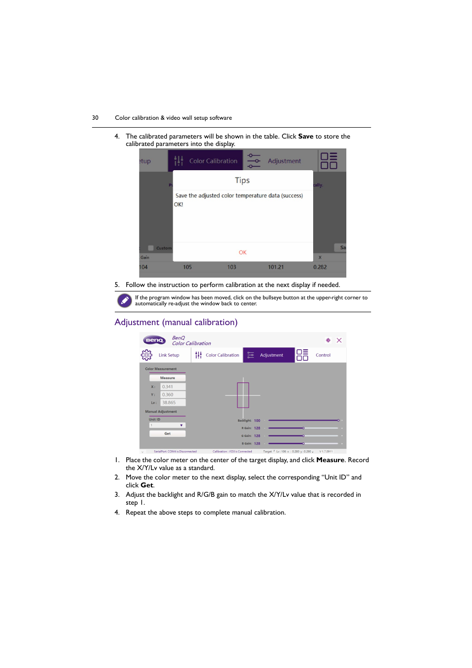 Adjustment (manual calibration) | BenQ PL5502 55" 4K Video Wall Display User Manual | Page 30 / 40