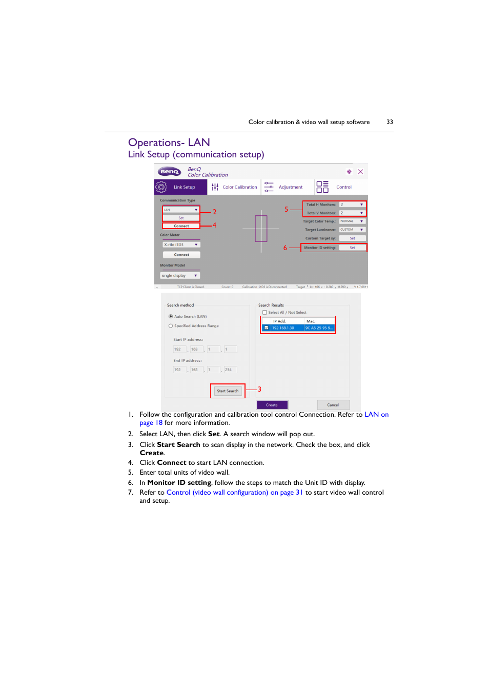 Operations- lan, Link setup (communication setup) | BenQ PL5502 55" 4K Video Wall Display User Manual | Page 33 / 40