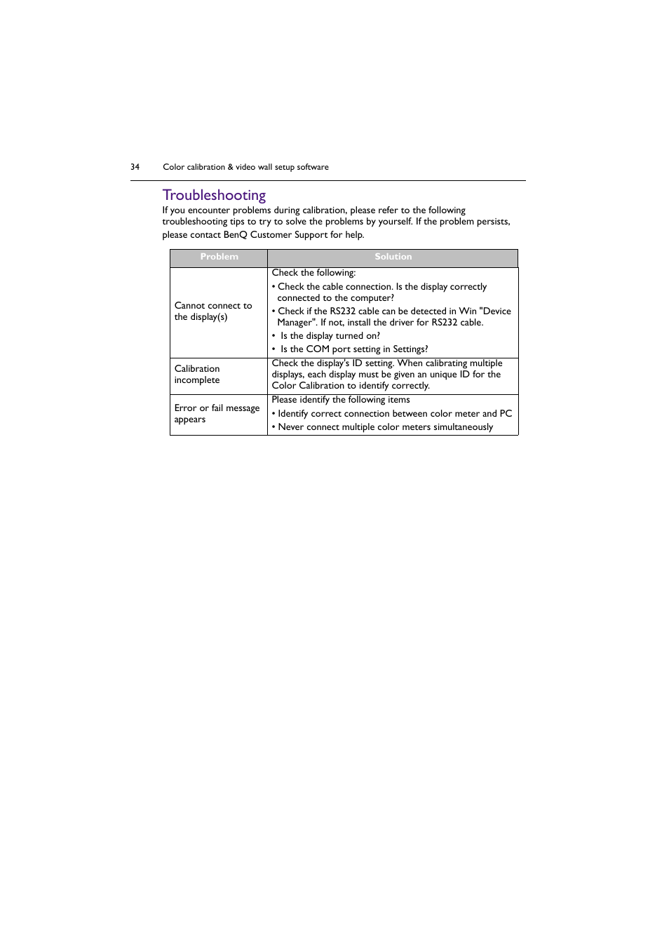 Troubleshooting | BenQ PL5502 55" 4K Video Wall Display User Manual | Page 34 / 40