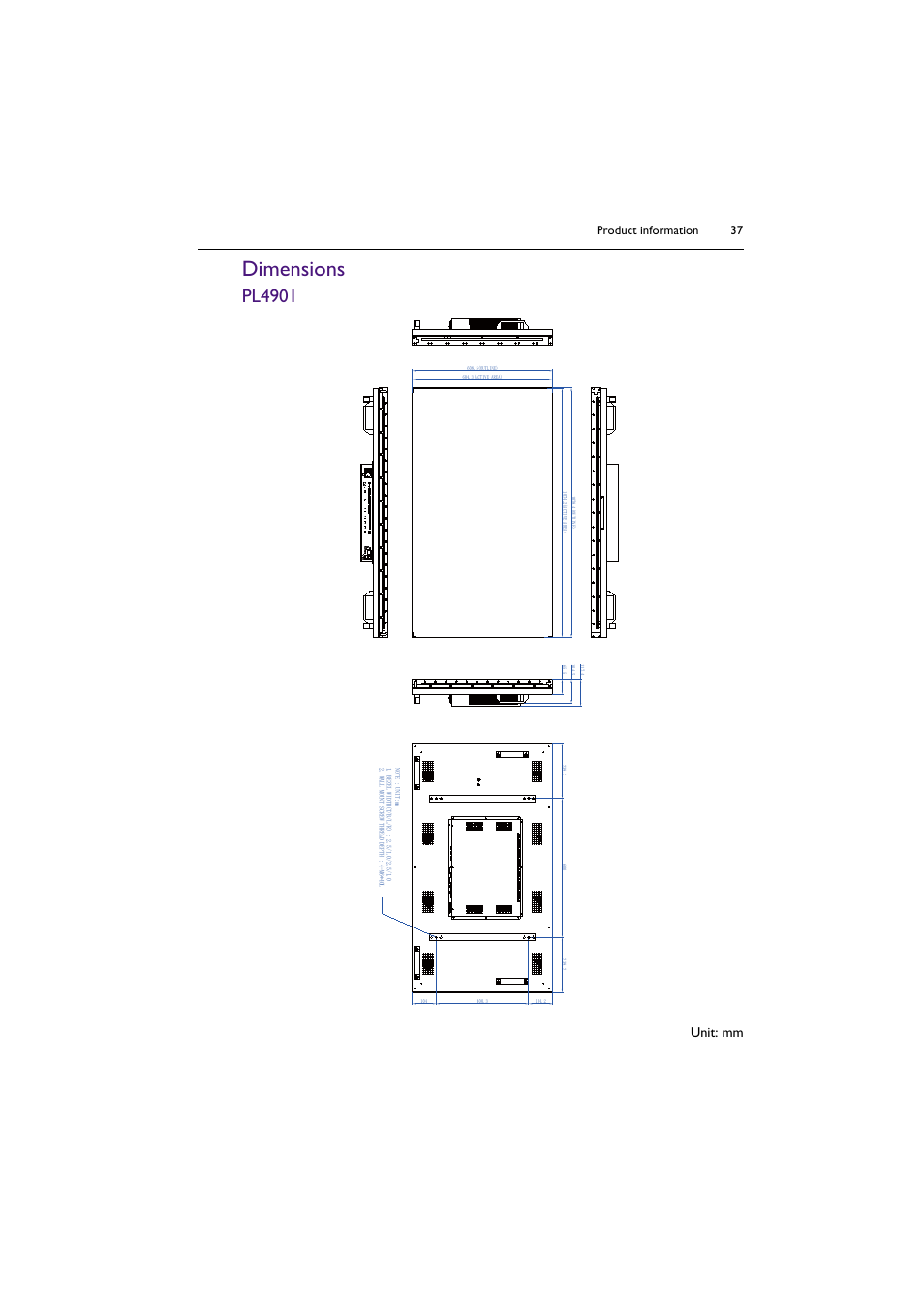 Dimensions, Pl4901, Unit: mm | Product information 37 | BenQ PL5502 55" 4K Video Wall Display User Manual | Page 37 / 40