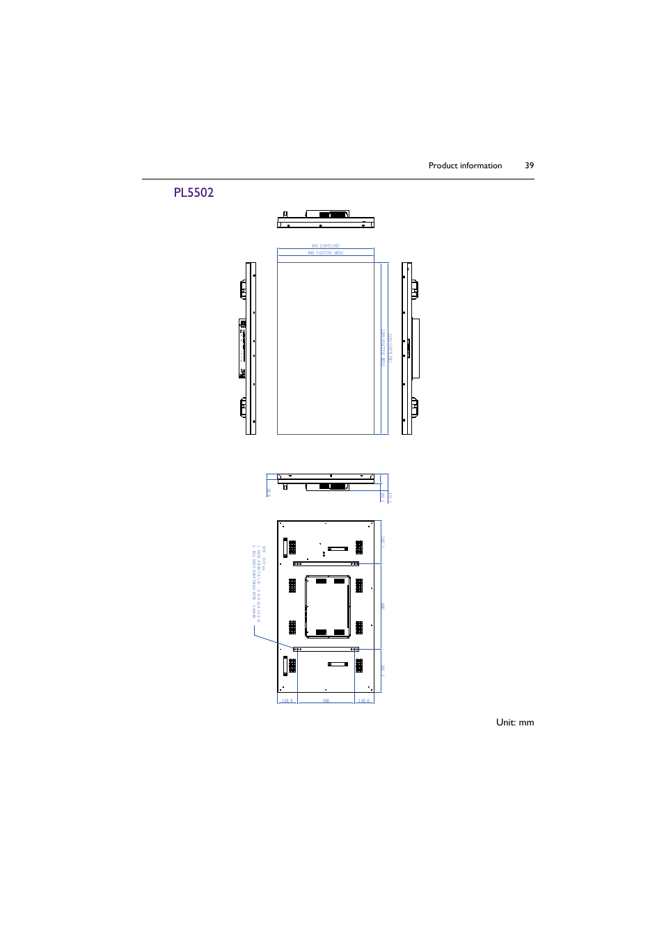 Pl5502, Unit: mm, Product information 39 | BenQ PL5502 55" 4K Video Wall Display User Manual | Page 39 / 40