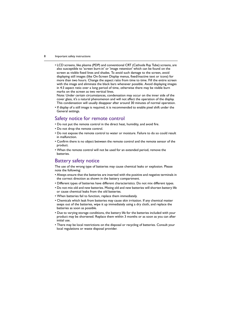 Safety notice for remote control, Battery safety notice | BenQ PL5502 55" 4K Video Wall Display User Manual | Page 8 / 40