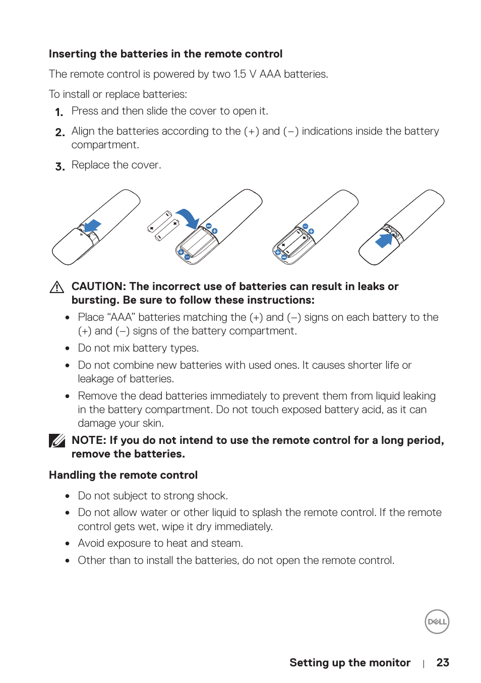 Inserting the batteries in the remote control, Handling the remote control | Dell P5524Q 55" UHD 4K Commercial Monitor User Manual | Page 23 / 68
