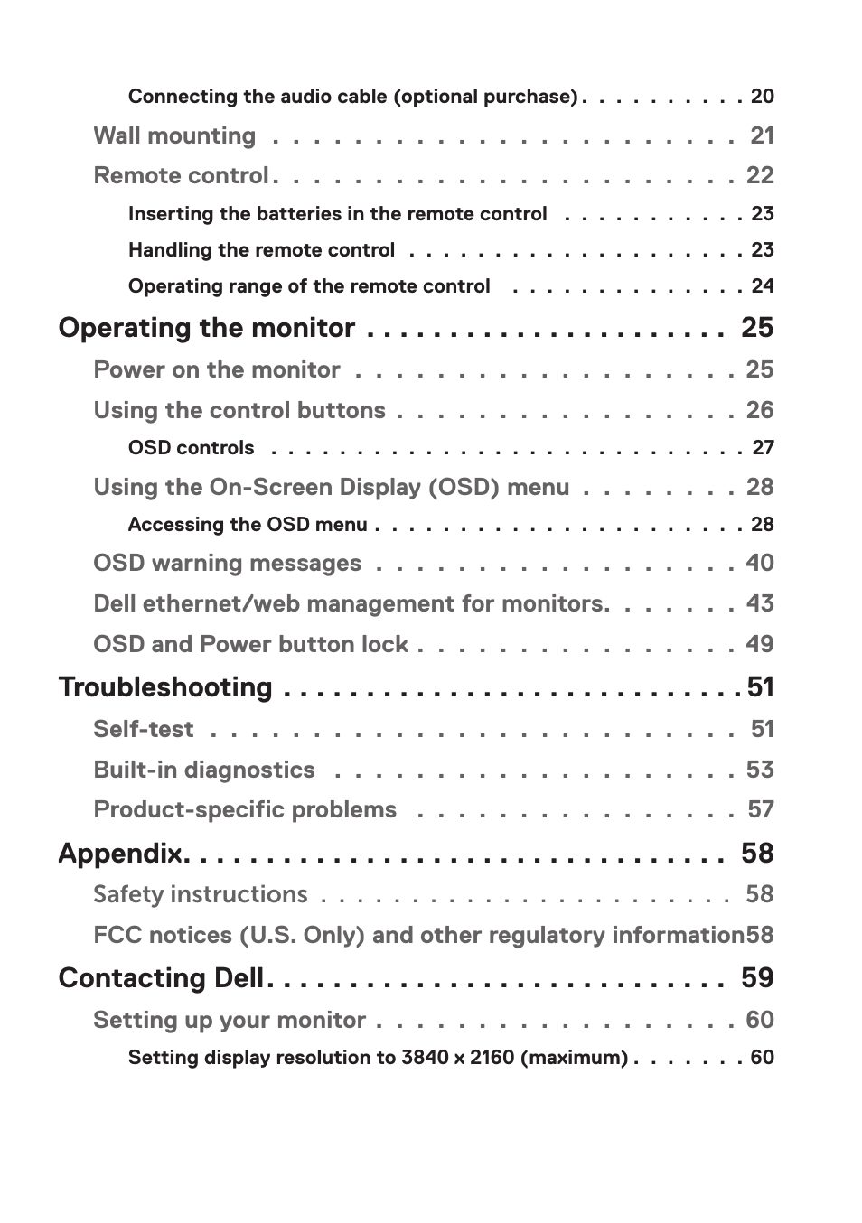 Operating the monitor, Troubleshooting, Appendix | Contacting dell | Dell P5524Q 55" UHD 4K Commercial Monitor User Manual | Page 4 / 68