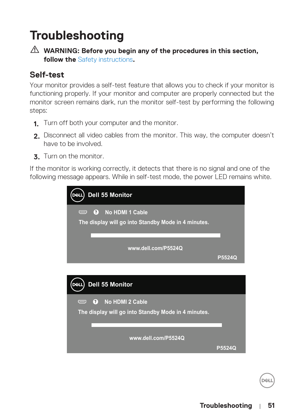 Troubleshooting, Self-test | Dell P5524Q 55" UHD 4K Commercial Monitor User Manual | Page 51 / 68