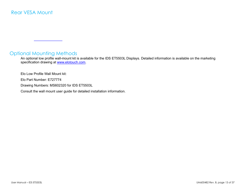 Rear vesa mount, Optional mounting methods | Elo TouchSystems 5503L 55" Class Full HD IR Interactive Commercial Display User Manual | Page 13 / 37