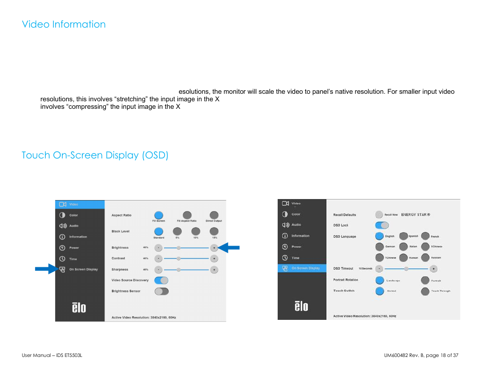 Video information, Touch on-screen display (osd) | Elo TouchSystems 5503L 55" Class Full HD IR Interactive Commercial Display User Manual | Page 18 / 37