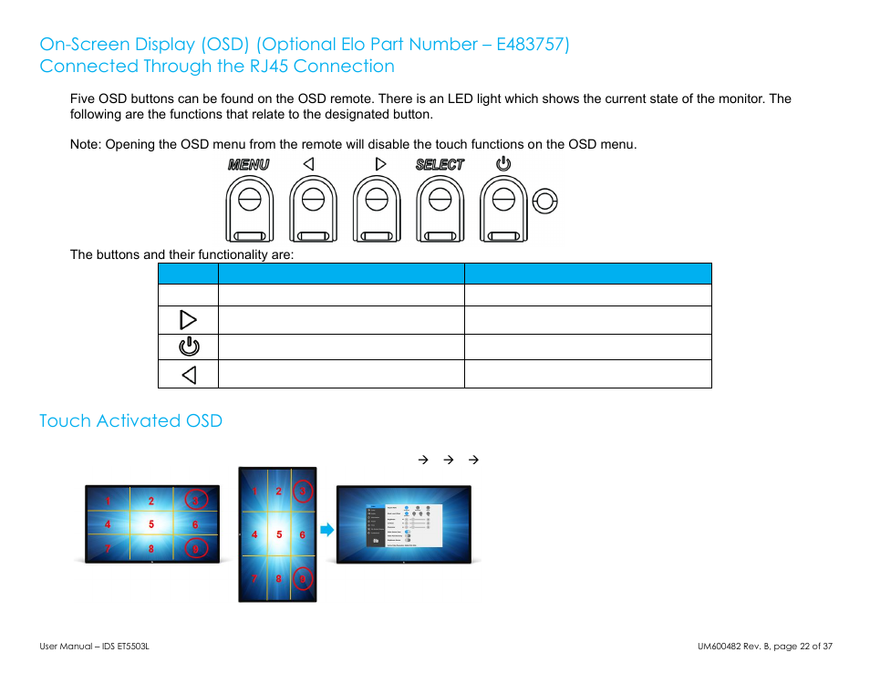 Touch activated osd | Elo TouchSystems 5503L 55" Class Full HD IR Interactive Commercial Display User Manual | Page 22 / 37