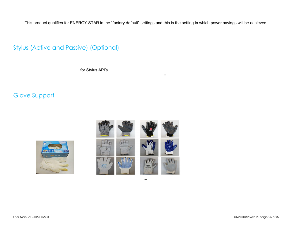 Stylus (active and passive) (optional), Glove support | Elo TouchSystems 5503L 55" Class Full HD IR Interactive Commercial Display User Manual | Page 25 / 37