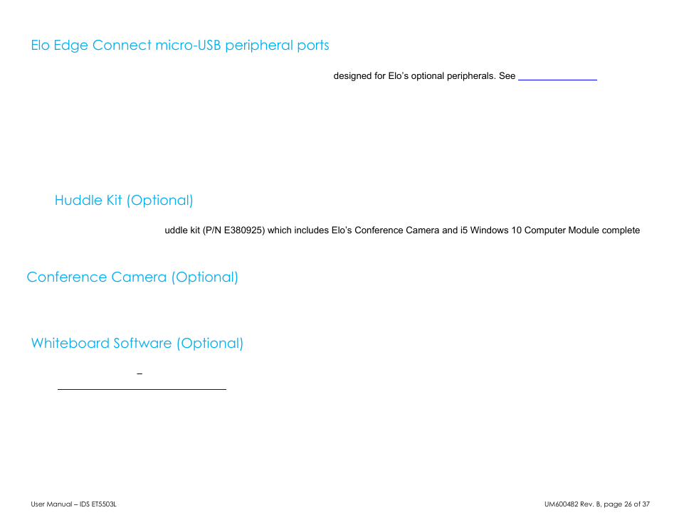 Elo edge connect micro-usb peripheral ports, Huddle kit (optional), Conference camera (optional) | Whiteboard software (optional) | Elo TouchSystems 5503L 55" Class Full HD IR Interactive Commercial Display User Manual | Page 26 / 37