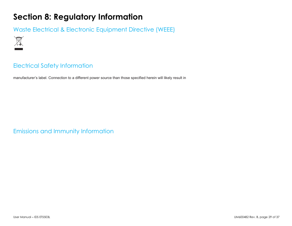 Section 8: regulatory information, Electrical safety information, Emissions and immunity information | Elo TouchSystems 5503L 55" Class Full HD IR Interactive Commercial Display User Manual | Page 29 / 37