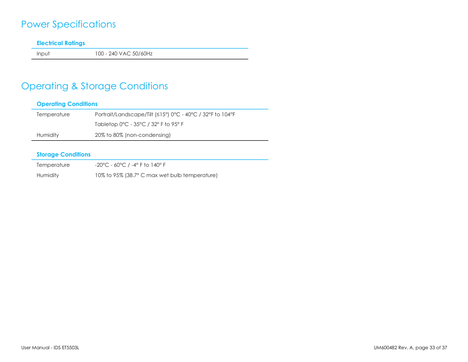 Power specifications, Operating & storage conditions | Elo TouchSystems 5503L 55" Class Full HD IR Interactive Commercial Display User Manual | Page 33 / 37