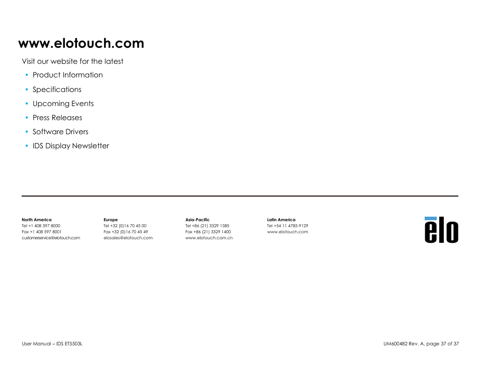 Elo TouchSystems 5503L 55" Class Full HD IR Interactive Commercial Display User Manual | Page 37 / 37