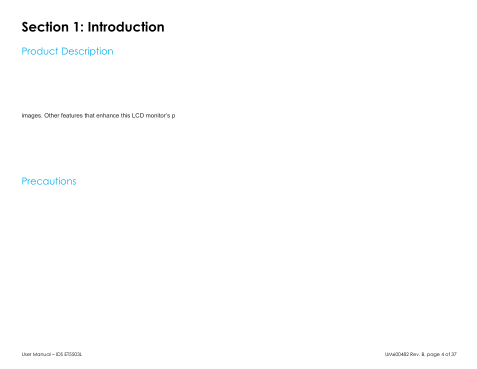 Section 1: introduction, Product description, Precautions | Elo TouchSystems 5503L 55" Class Full HD IR Interactive Commercial Display User Manual | Page 4 / 37