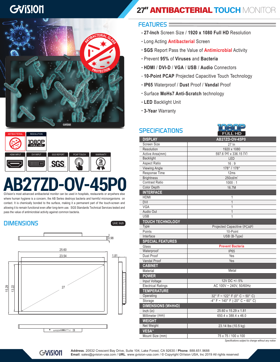 GVision USA AB27ZD 27" Full HD Antimicrobial PCAP Touchscreen Monitor User Manual | 1 page