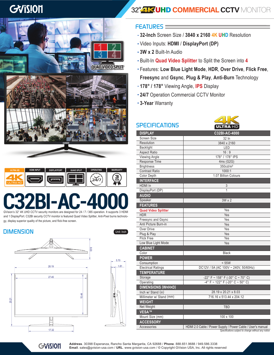 GVision USA C32BI 32" 4K Security Monitor User Manual | 1 page