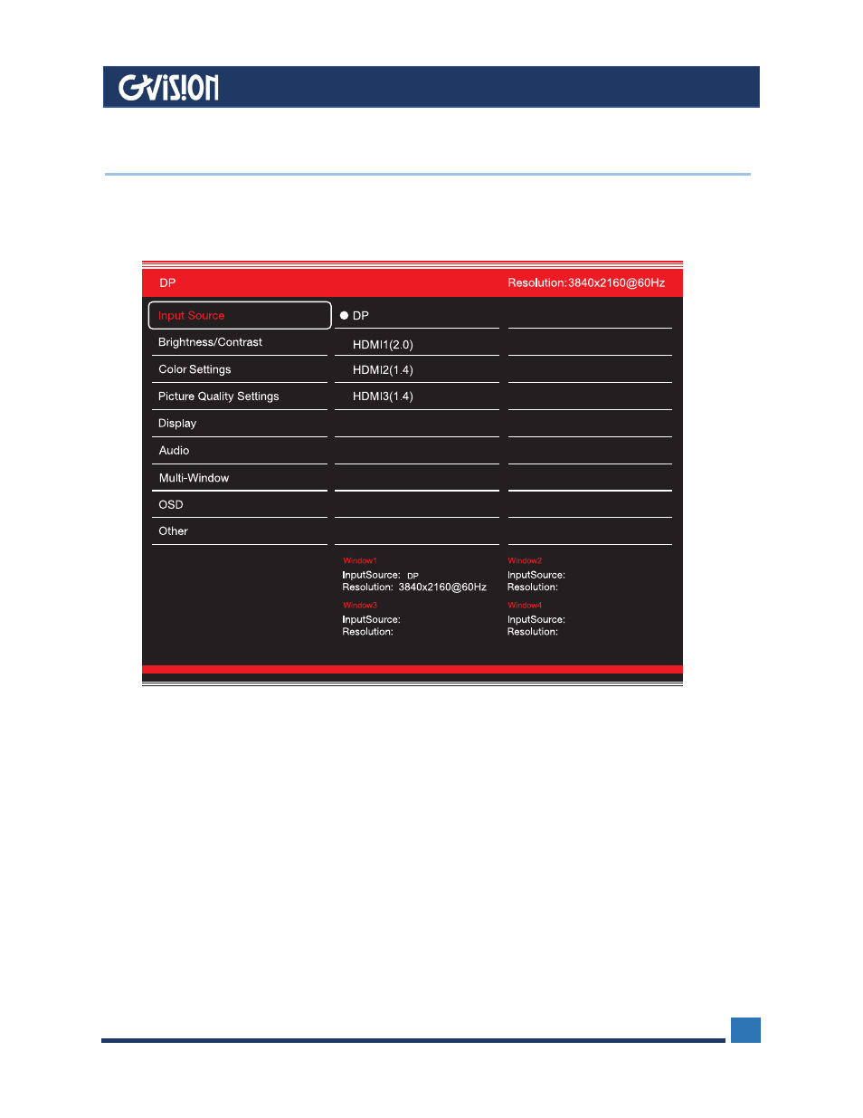 Osd menu, Control, 1 input source | GVision USA C43BI 43" 4K Security Monitor User Manual | Page 7 / 17