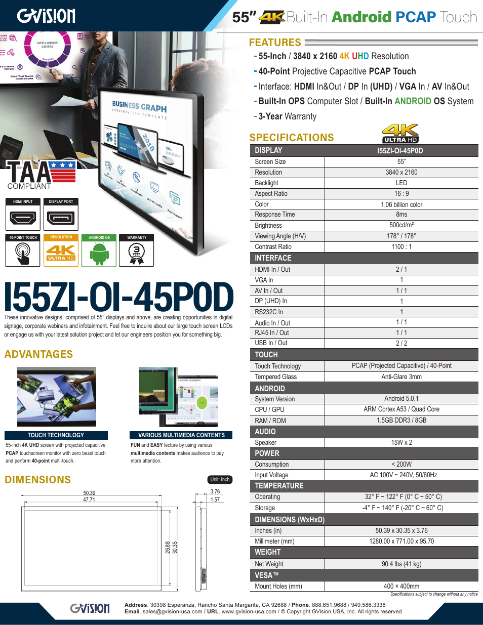 GVision USA D19ZC 55" 4K UHD PCAP Touchscreen Interactive Digital Signage Display User Manual | 1 page