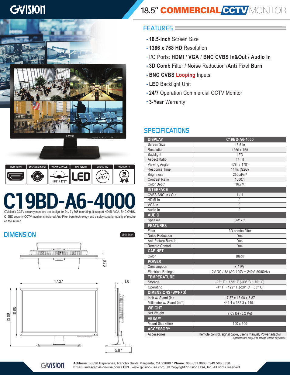 GVision USA C19BD 18.5" Surveillance Monitor User Manual | 1 page