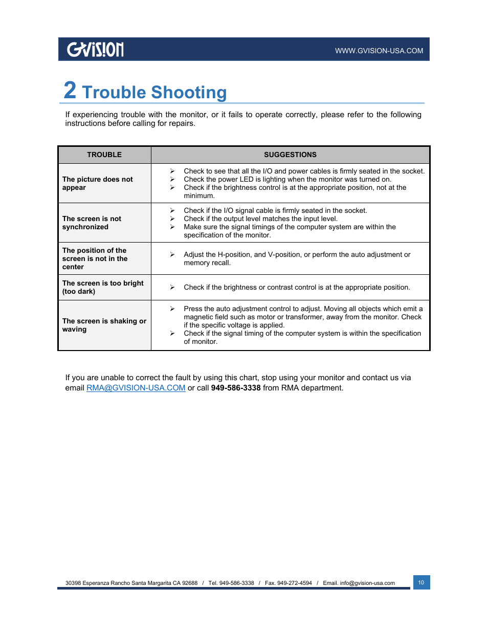 Trouble shooting | GVision USA I32ZI 32" 4K UHD Touchscreen Monitor User Manual | Page 10 / 12