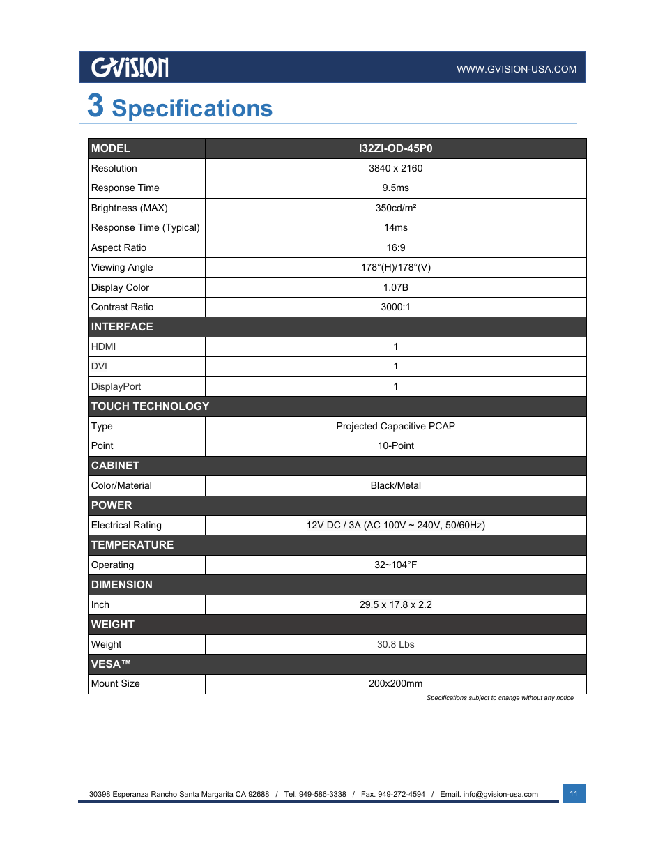 Specifications | GVision USA I32ZI 32" 4K UHD Touchscreen Monitor User Manual | Page 11 / 12