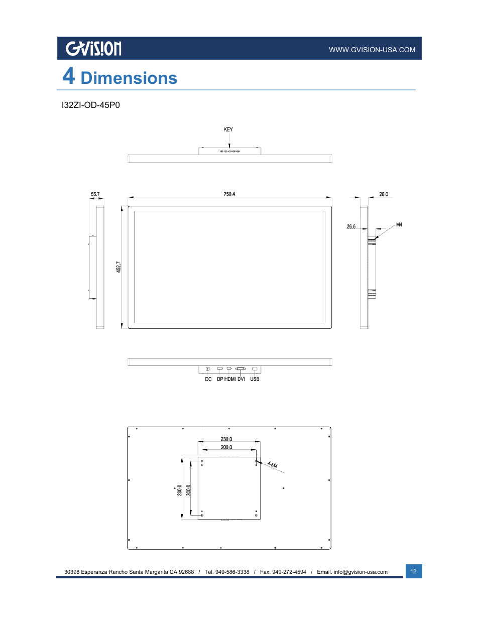 Dimensions | GVision USA I32ZI 32" 4K UHD Touchscreen Monitor User Manual | Page 12 / 12