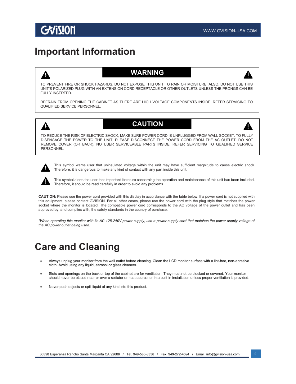 Important information, Care and cleaning, Warning | Caution | GVision USA I32ZI 32" 4K UHD Touchscreen Monitor User Manual | Page 2 / 12