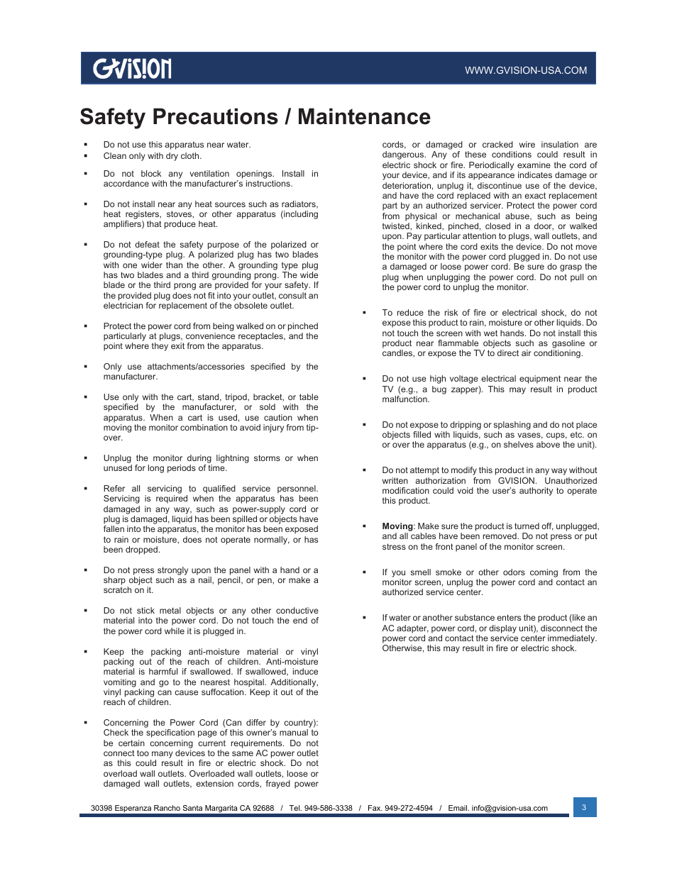 Safety precautions / maintenance | GVision USA I32ZI 32" 4K UHD Touchscreen Monitor User Manual | Page 3 / 12