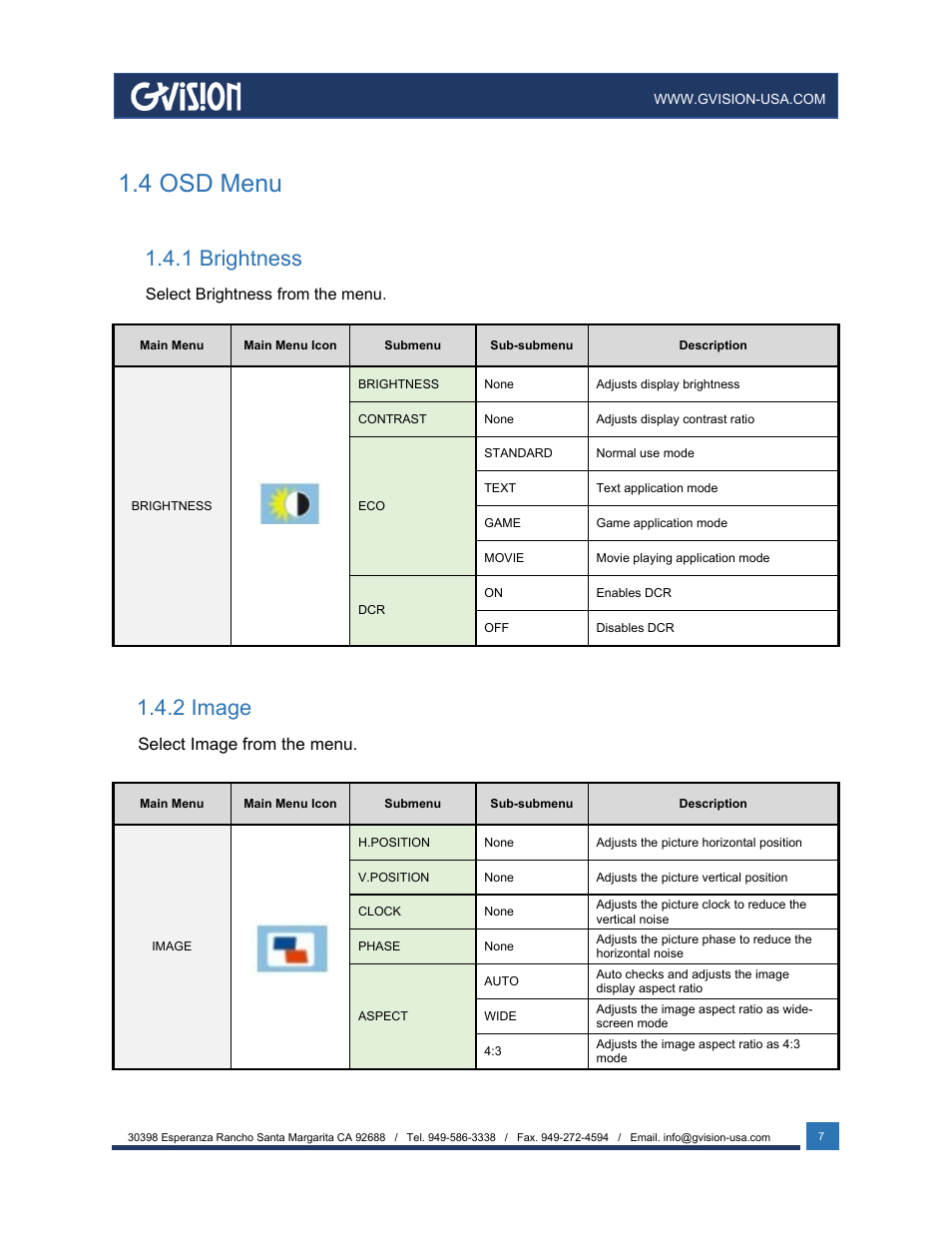 4 osd menu, 1 brightness, 2 image | Select image from the menu | GVision USA I32ZI 32" 4K UHD Touchscreen Monitor User Manual | Page 7 / 12