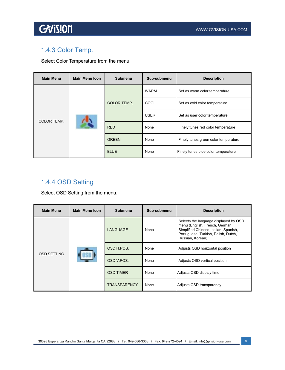 3 color temp, 4 osd setting | GVision USA I32ZI 32" 4K UHD Touchscreen Monitor User Manual | Page 8 / 12