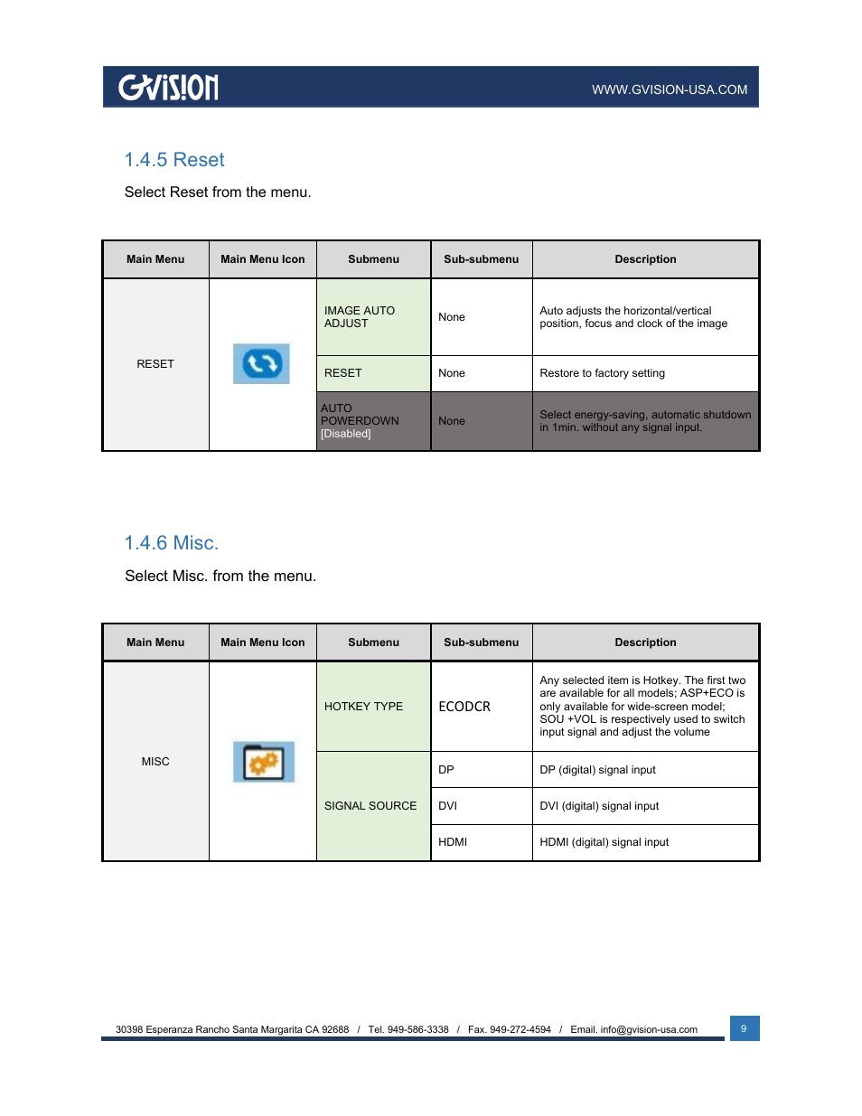 5 reset, 6 misc | GVision USA I32ZI 32" 4K UHD Touchscreen Monitor User Manual | Page 9 / 12