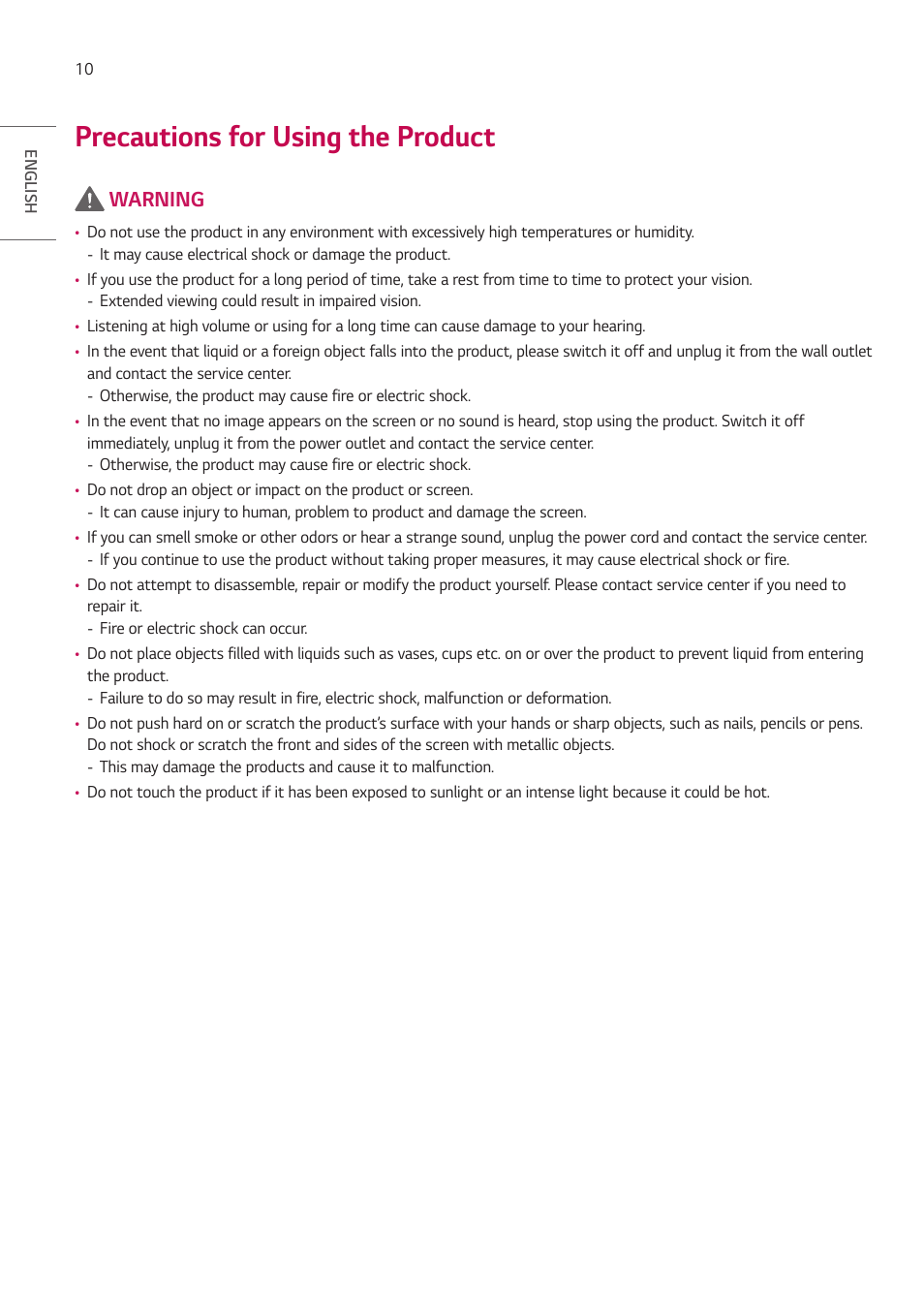 Precautions for using the product, Warning | LG VL5G-M 49" Full HD IPS LED Video Wall Display User Manual | Page 10 / 37