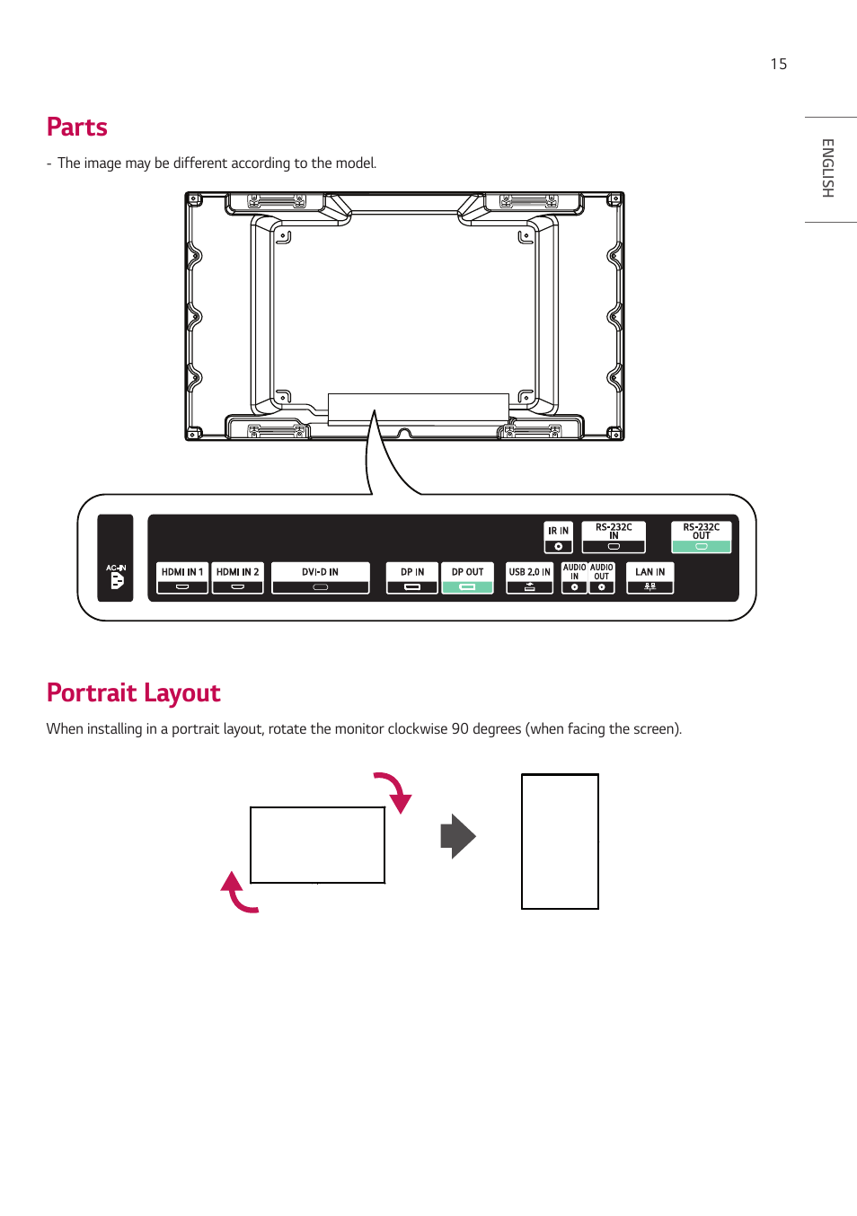 Parts, Portrait layout | LG VL5G-M 49" Full HD IPS LED Video Wall Display User Manual | Page 15 / 37