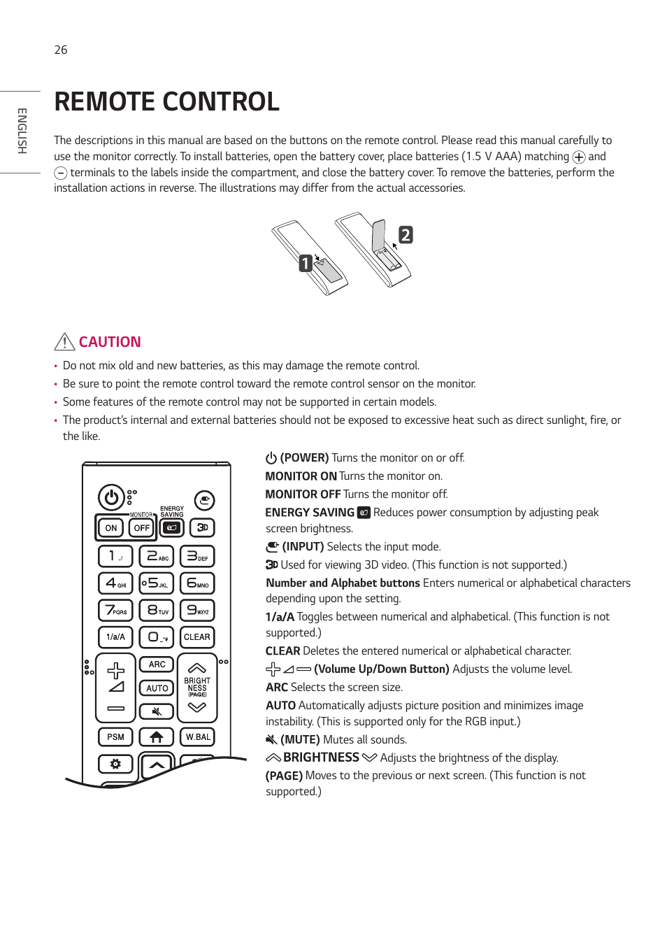 Remote control, Caution | LG VL5G-M 49" Full HD IPS LED Video Wall Display User Manual | Page 26 / 37